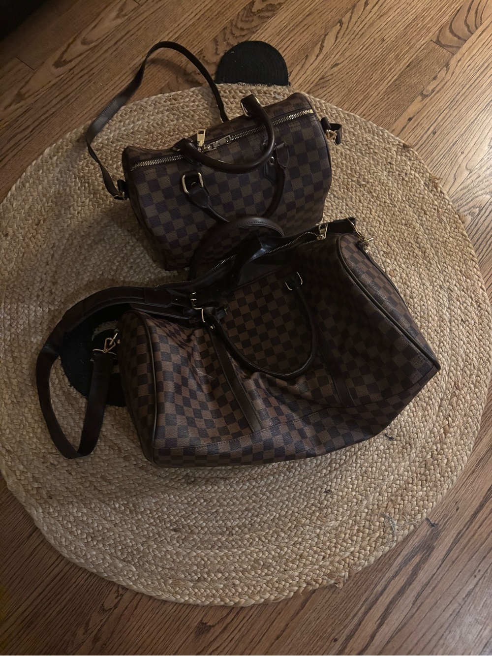 Designer-Inspired Brown Checkered Satchel and Bowling Bag Set